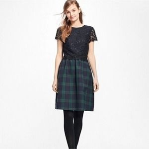 Brooks Brothers Tartan Plaid and Lace Dress Navy Blue Green Short Sleeve…